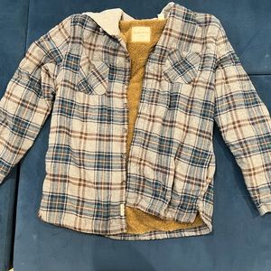 Plaid button-up fleece lined quilted hoodie